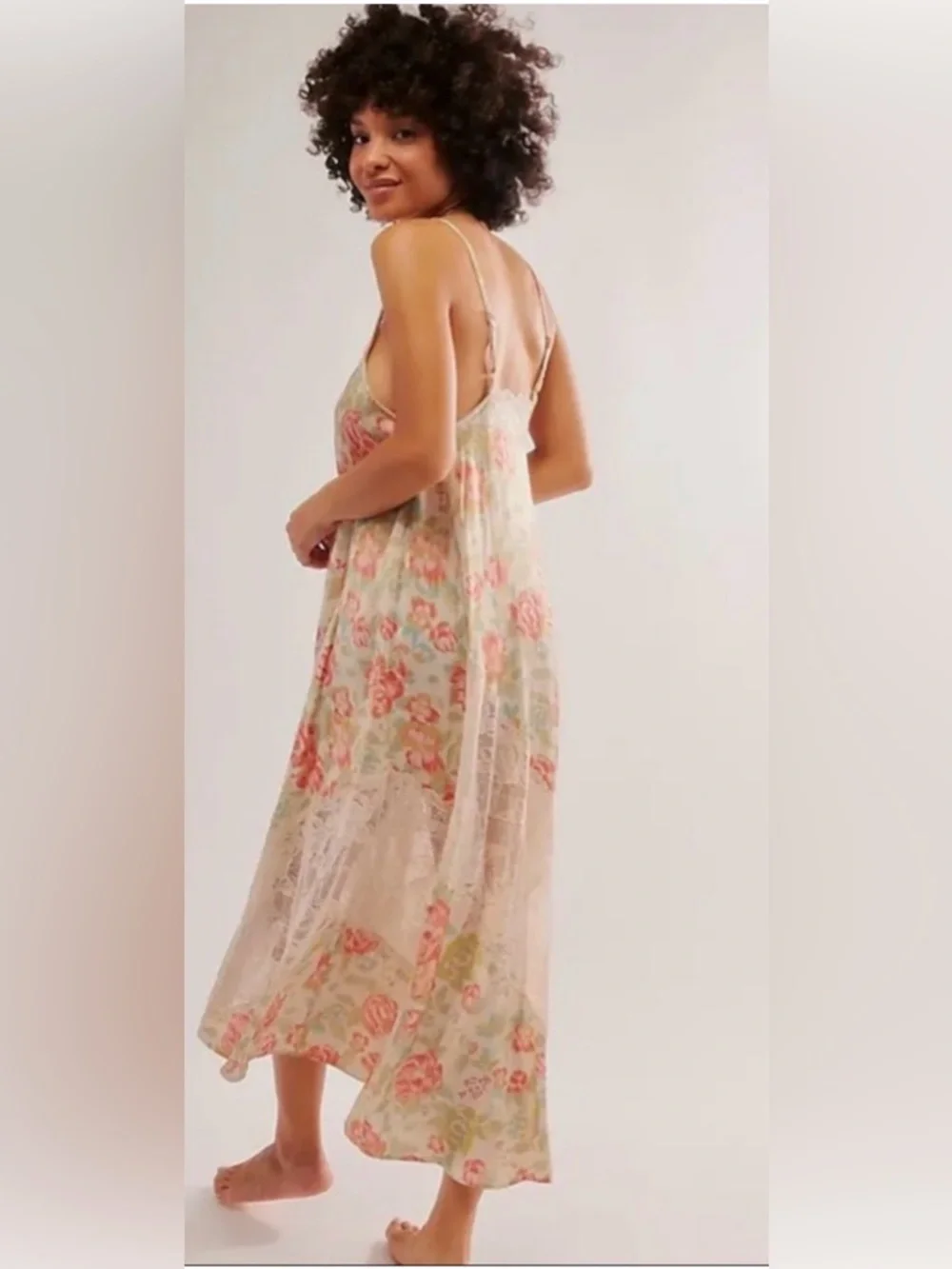 FREE PEOPLE‎ First Date Slip Dress Floral Lace Satin Cream S